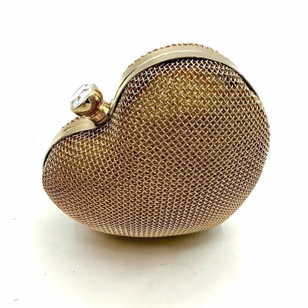 Heart Shaped Clutch Bag Gold Mesh Crossbody Small Evening Bag
